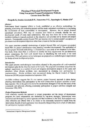 Planning watershed development projects using non-project focused participatory methods: lessons from Mee Oya. Paper 116a of Session 13