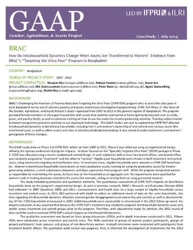 How do intrahousehold dynamics change when assets are transferred to women? Evidence from BRAC’s “Targeting the Ultra Poor” program in Bangladesh