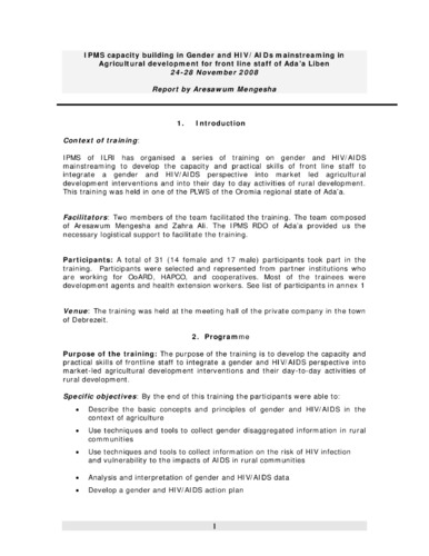 Report of the IPMS capacity building workshop on gender and HIV/AIDS mainstreaming in agricultural development for frontline staff, Ada’a Liben PLW, 24-28 November 2008