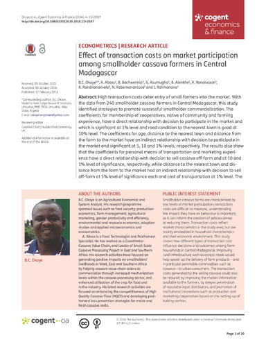 Effect of transaction costs on market participation among smallholder cassava farmers in Central Madagascar