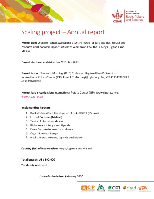 2019 Technical Report - Orange Fleshed Sweetpotato (OFSP) Puree for Safe and Nutritious Food Products and Economic Opportunities for Women and Youths in Kenya, Uganda and Malawi
