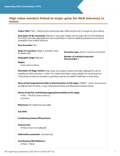 High value markers linked to major gene for MLN tolerance in maize.