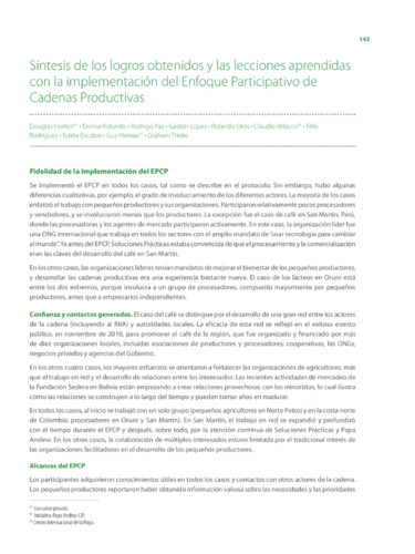 Sintesis de los logros obtenidos y las lecciones aprendidas con la implementacion del Enfoque Participativo de Cadenas Productivas.