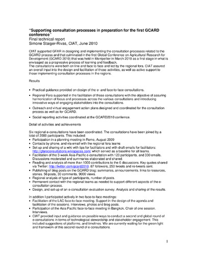 Supporting consultation processes in preparation for the first GCARD conference : Final technical report