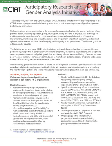 Participatory research and gender analysis initiative = Iniciativa de análisis de género e investigación participativa