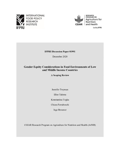 Gender equity considerations in food environments of low and middle income countries: A scoping review