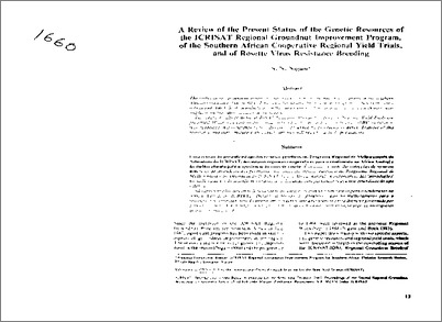 A Review of the Present Status of the Genetic Resources of the ICRISAT Regional Groundnut Improvement Program, of the Southern African Cooperativc Regional Yield Trials, and of Rosette Virus Resistance Breeding