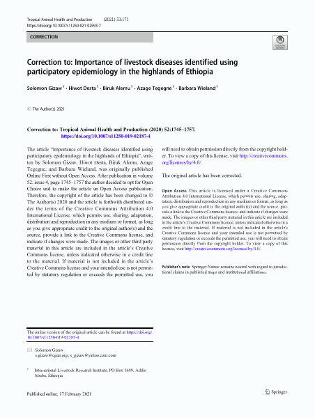 Correction to: Importance of livestock diseases identified using participatory epidemiology in the highlands of Ethiopia