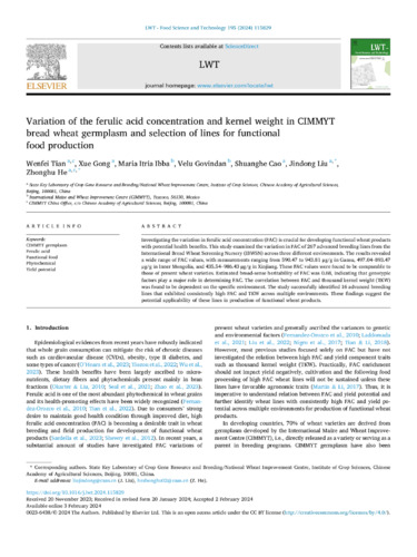 Variation of the ferulic acid concentration and kernel weight in CIMMYT bread wheat germplasm and selection of lines for functional food production