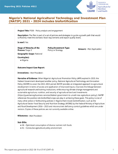 Nigeria's National Agricultural Technology and Investment Plan (NATIP) 2021 - 2024 includes biofortification