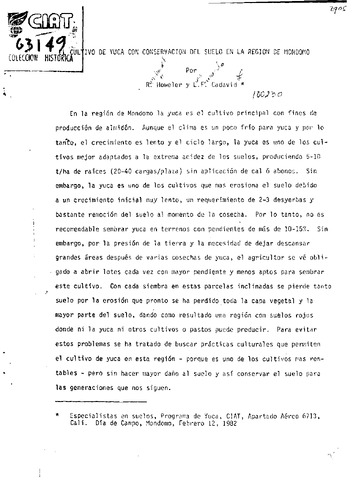 El cultivo de yuca con conservación del suelo en la región de Mondomo