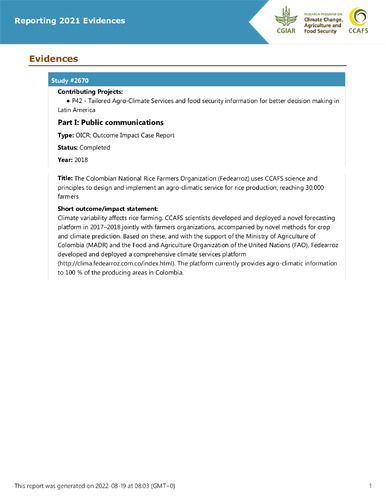 The Colombian National Rice Farmers Organization (Fedearroz) uses CCAFS science and principles to design and implement an agro-climatic service for rice production, reaching 30,000 farmers