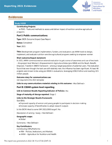 Development program implementers, funders, and evaluators use A4NH tools to design, implement, and evaluate nutrition-sensitive agricultural programs seeking to empower women
