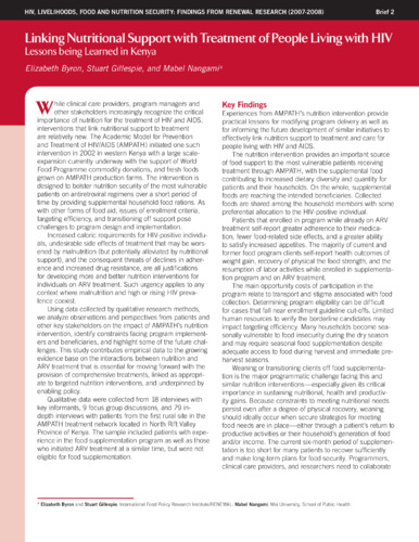 Linking nutritional support with treatment of people living with HIV: Lessons being learned in Kenya