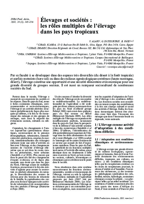 Livestock and Societies: Multiple Roles of Livestock in Tropical Countries; Elevages et sociétés : les rôles multiples de l'élevage dans les pays tropicaux