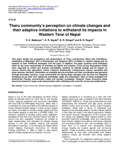 Tharu community's perception on climate changes and their adaptive initiations to withstand its impacts in Western Terai of Nepal