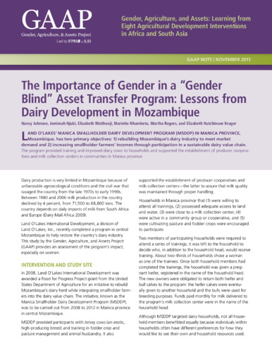 The importance of gender in a “Gender Blind” asset transfer program: Lessons from dairy development in Mozambique