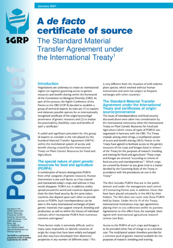 A de facto certificate of source - The Standard Material Transfer Agreement under the International Treaty: Policy Brief - January 2007