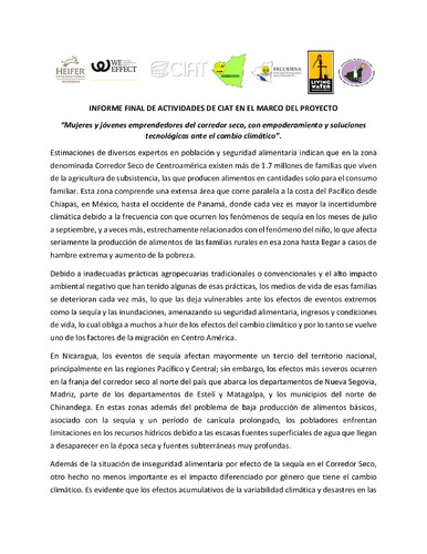 Informe final de actividades de CIAT en el marco del proyecto “Mujeres y jóvenes emprendedores del corredor seco, con empoderamiento y soluciones tecnológicas ante el cambio climático”.