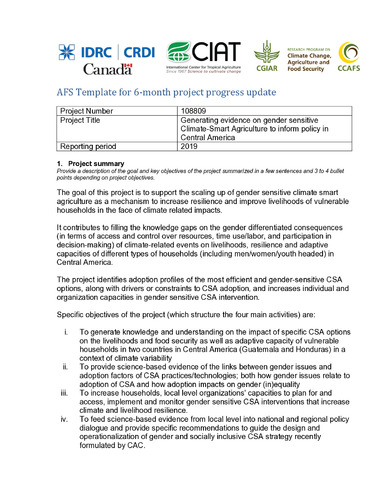 Generating evidence on gender-sensitive climate-smart agriculture to inform policy in Central America: 2019 Project progress update.