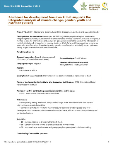 Resilience for development framework that supports the integrated analysis of climate change, gender, youth and nutrition (CGYN)