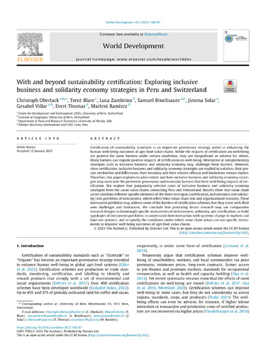 With and beyond sustainability certification: Exploring inclusive business and solidarity economy strategies in Peru and Switzerland