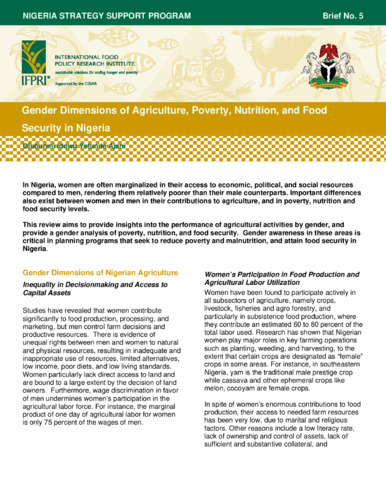 Gender dimensions of agriculture, poverty, nutrition, and food security in Nigeria