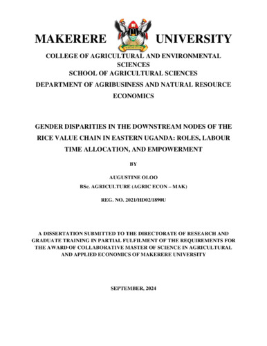 Gender disparities in the downstream nodes of the rice value chain in Eastern Uganda: Roles, labour, time allocation, and empowerment