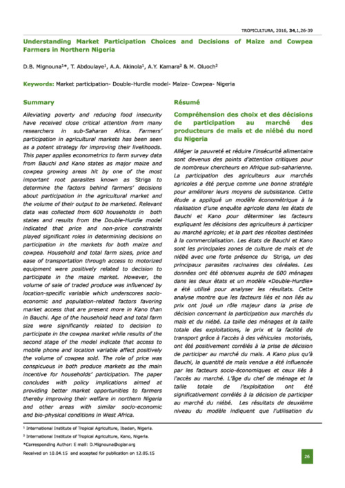 Understanding market participation choices and decisions of maize and cowpea farmers in northern Nigeria