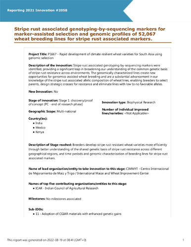 Stripe rust associated genotyping-by-sequencing markers for marker-assisted selection and genomic profiles of 52,067 wheat breeding lines for stripe rust associated markers.