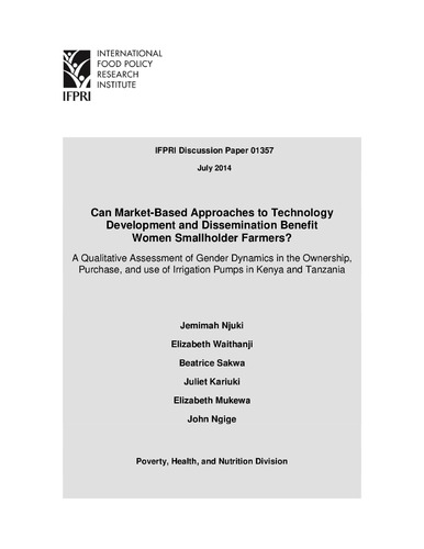 Can market-based approaches to technology development and dissemination benefit women smallholder farmers? A qualitative assessment of gender dynamics in the ownership, purchase, and use of irrigation pumps in Kenya and Tanzania