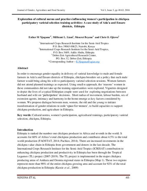 Exploration of cultural norms and practices influencing women’s participation in chickpea participatory varietal selection training activities: A case study of Ada’a and Ensaro districts, Ethiopia