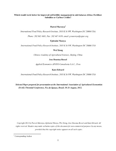 Which would work better for improved soil fertility management in sub-Saharan Africa: Fertilizer Subsidies or Carbon Credits?