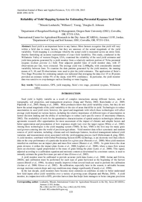 Reliability of Yield Mapping System for Estimating Perennial Ryegrass Seed Yield