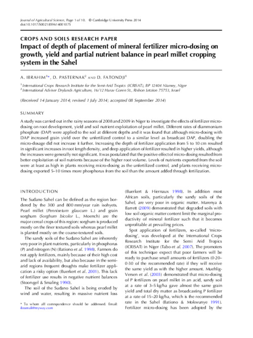 Impact of depth of placement of mineral fertilizer micro-dosing on growth, yield and partial nutrient balance in pearl millet cropping system in the Sahel