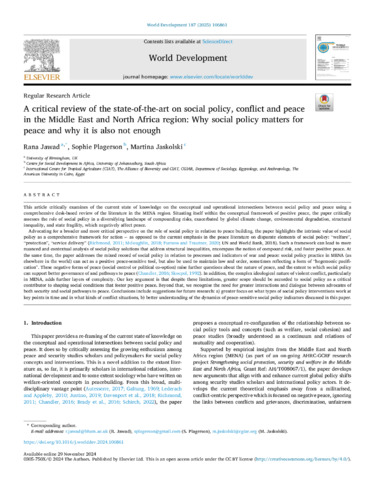 A critical review of the state-of-the-art on social policy, conflict and peace in the Middle East and North Africa region: Why social policy matters for peace and why it is also not enough