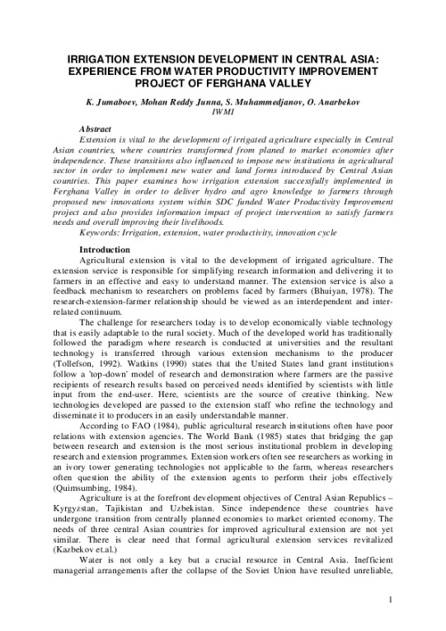 Irrigation Extension Development in Central Asia:Experience from Water Productivity Improvement Project of Ferghana Valley