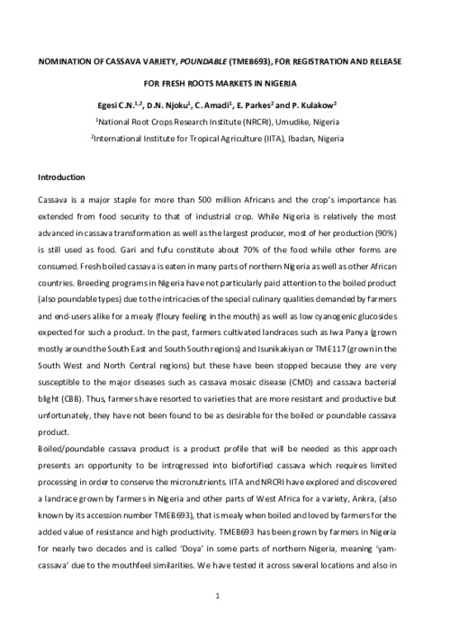 Nomination of Cassava Variety, Poundable (TMEB693), for Registration and Release for Fresh Roots Markets in Nigeria