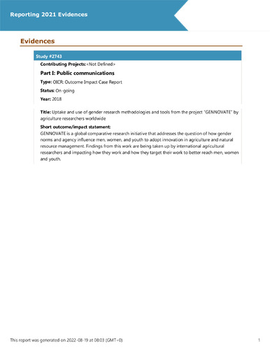 Uptake and use of gender research methodologies and tools from the project “GENNOVATE” by agriculture researchers worldwide