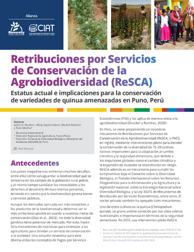 Retribuciones por Servicios de Conservación de la Agrobiodiversidad (ReSCA): Estatus actual e implicaciones para la conservación de variedades de quinua amenazadas en Puno, Perú