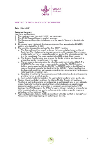 CGIAR GENDER Platform management committee meeting minutes, 18 June 2021