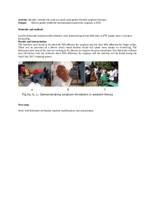 Identify, validate and scale out small scale gender friendly sorghum threshers