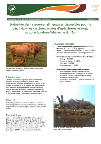 Evaluation des ressources alimentaires disponibles pour le bétail dans les systèmes mixtes d' agricultures-élevage en zone Soudano-Sahélienne du Mali