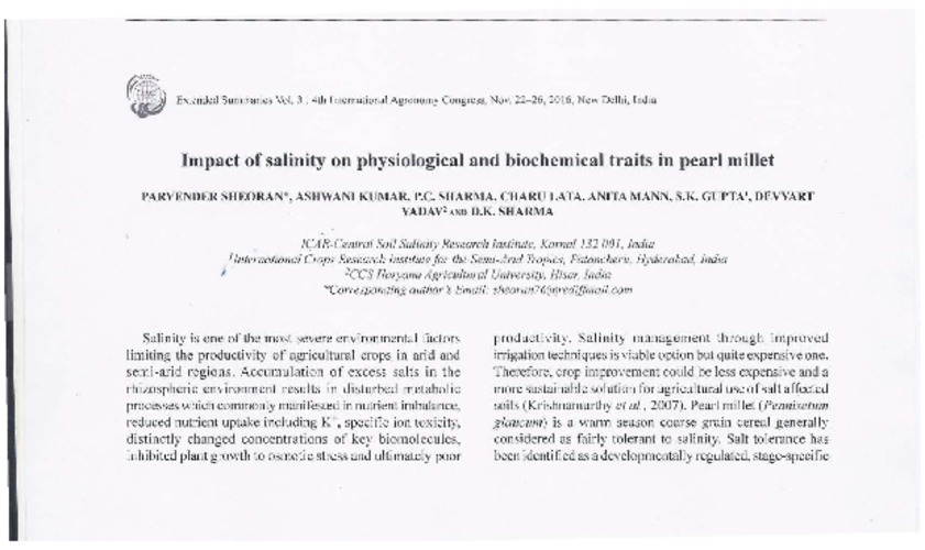 Impact of salinity on physiological and biochemical traits in pearl millet