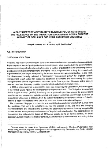 A participatory approach to building policy consensus: the relevance of the Irrigation Management Policy Support Activity of Sri Lanka for India and other countries