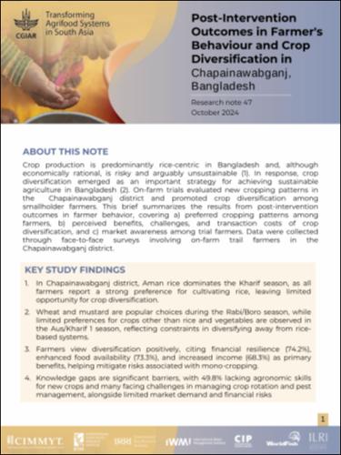 Post-intervention outcomes in farmer's behaviour and crop diversification in Chapainawabganj, Bangladesh