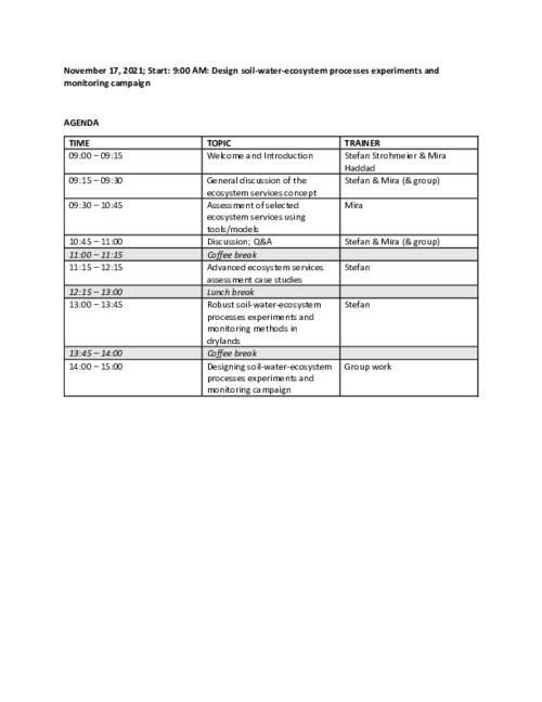 Agenda - Design soil-water-ecosystem processes experiments and monitoring campaign