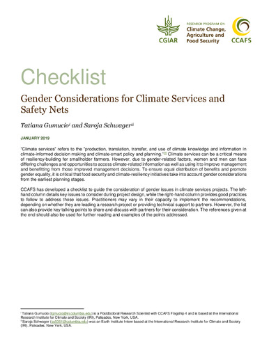 Checklist: Gender Considerations for Climate Services and Safety Nets