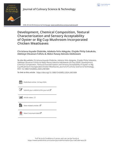 Development, Chemical Composition, Textural Characterization and Sensory Acceptability of Oyster or Big Cup Mushroom Incorporated Chicken Meatloaves