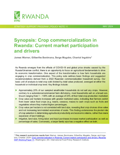Synopsis: Crop commercialization in Rwanda: Current market participation and drivers